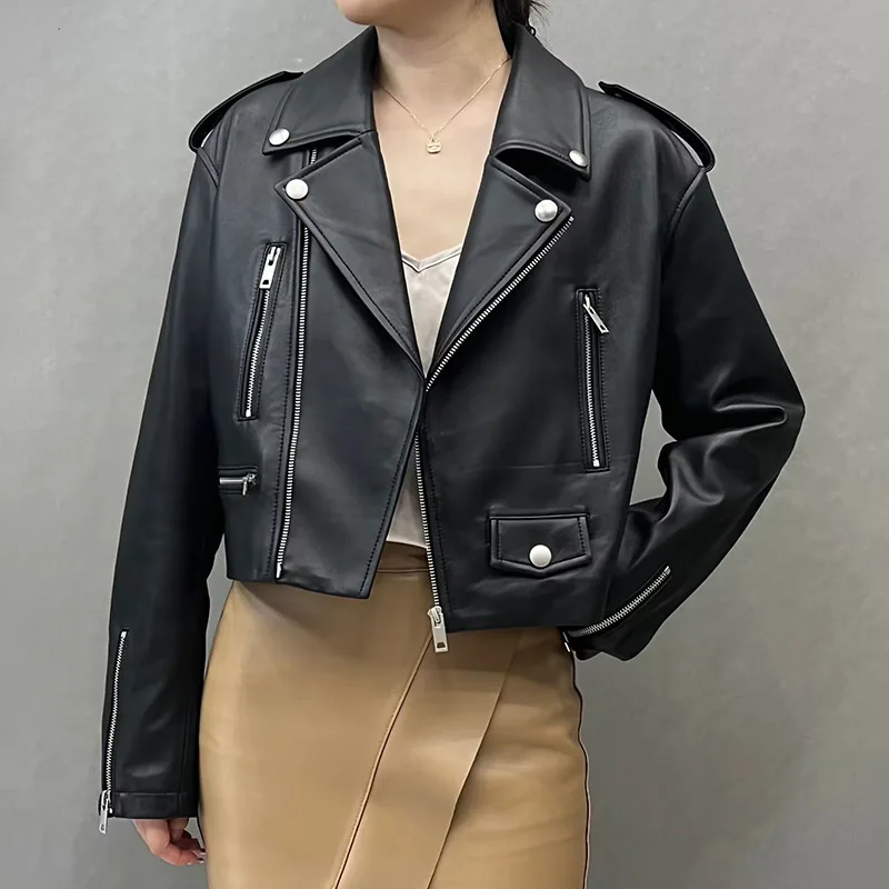 

2023 Lady Real Leather Jacket Fashion Streetwear Short Sheepskin Coat Spring Autumn Female Motojacket TF5517