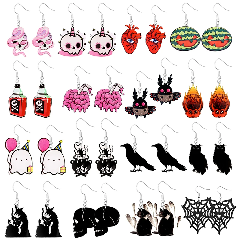 Halloween Earrings Cute Cartoon Cat Crow UFO Bat Design Dangle Earrings Acrylic Jewelry Versatile Accessories