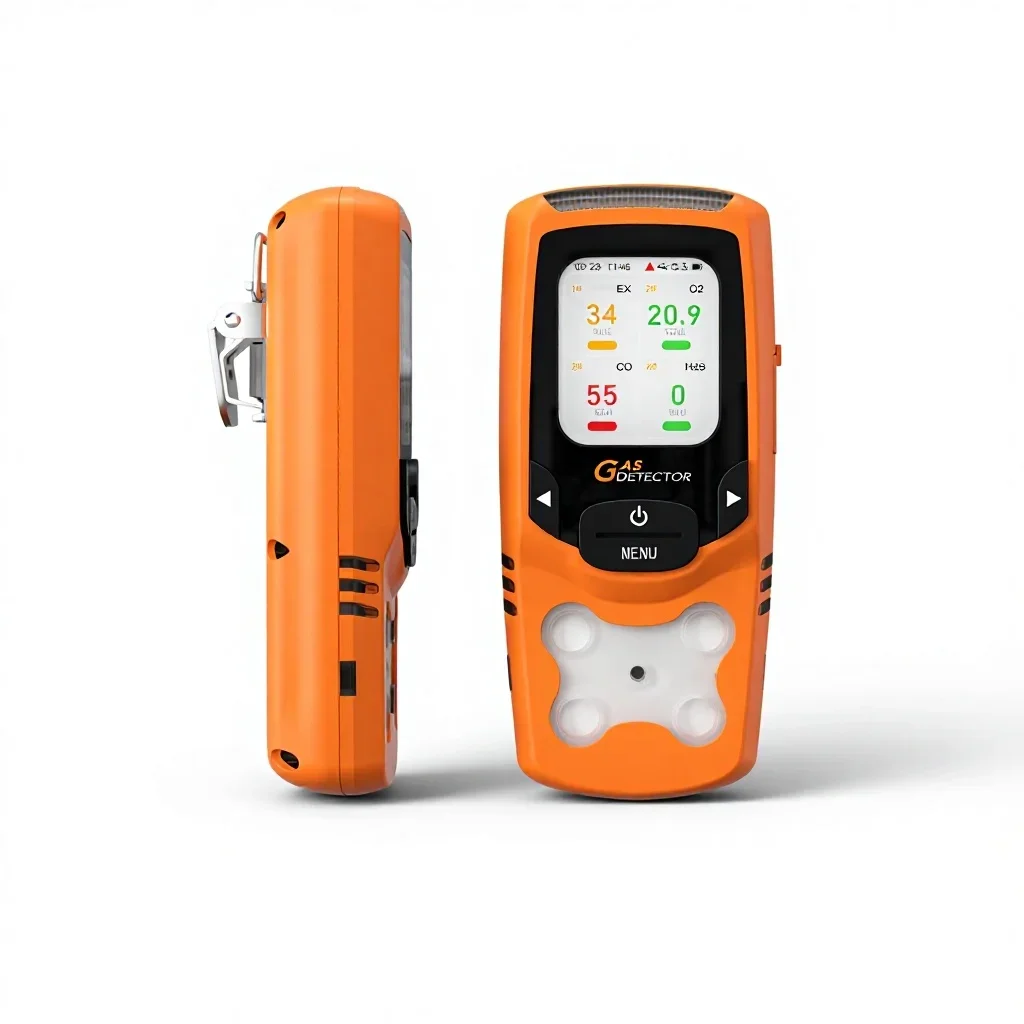 4-in-1 gas detector with dds sensor, high-precision gas analyzer, featuring audible, visual, and vibration alarms