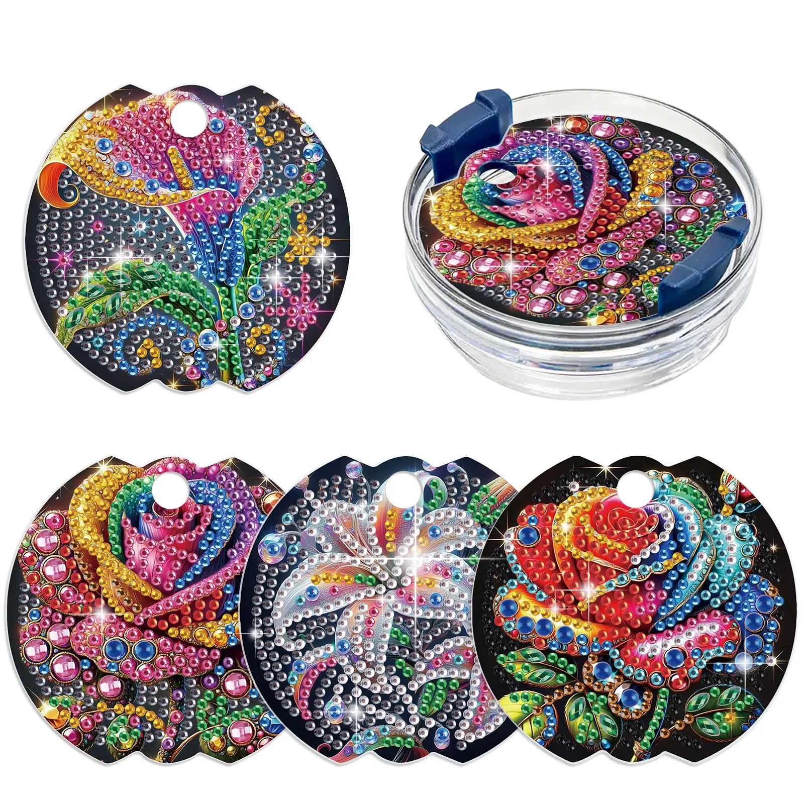 4pcs Diamond Painting Cup Lid Kits,Flower Theme Diamond Art Special Shape Diamond Handicrafts Acrylic Cup Lids, Water Cups Decor
