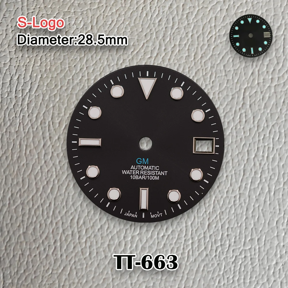 جديد 28.5 مللي متر S شعار NH34 GMT الطلب الأسود الهاتفي الفضة شعار صالح NH34 حركة الجليد الأزرق مضيئة ساعة تعديل الملحقات