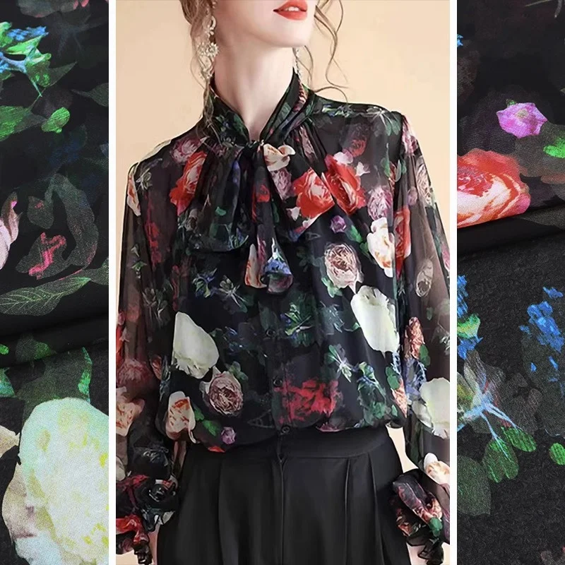 

Oil Painting Rose Georgette Sheer Fabric Fashion Light Luxury Women's Dress 100% Mulberry Silk Chiffon Fabric By Meter Promotion