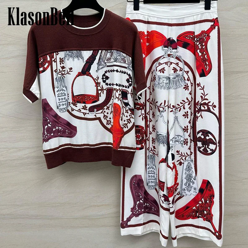 

6.21 KlasonBell Women Jujube Red Geometric Print Spliced Silk Cashmere Short Sleeve T-Shirt Or Cardigan Or Straight Pants Set