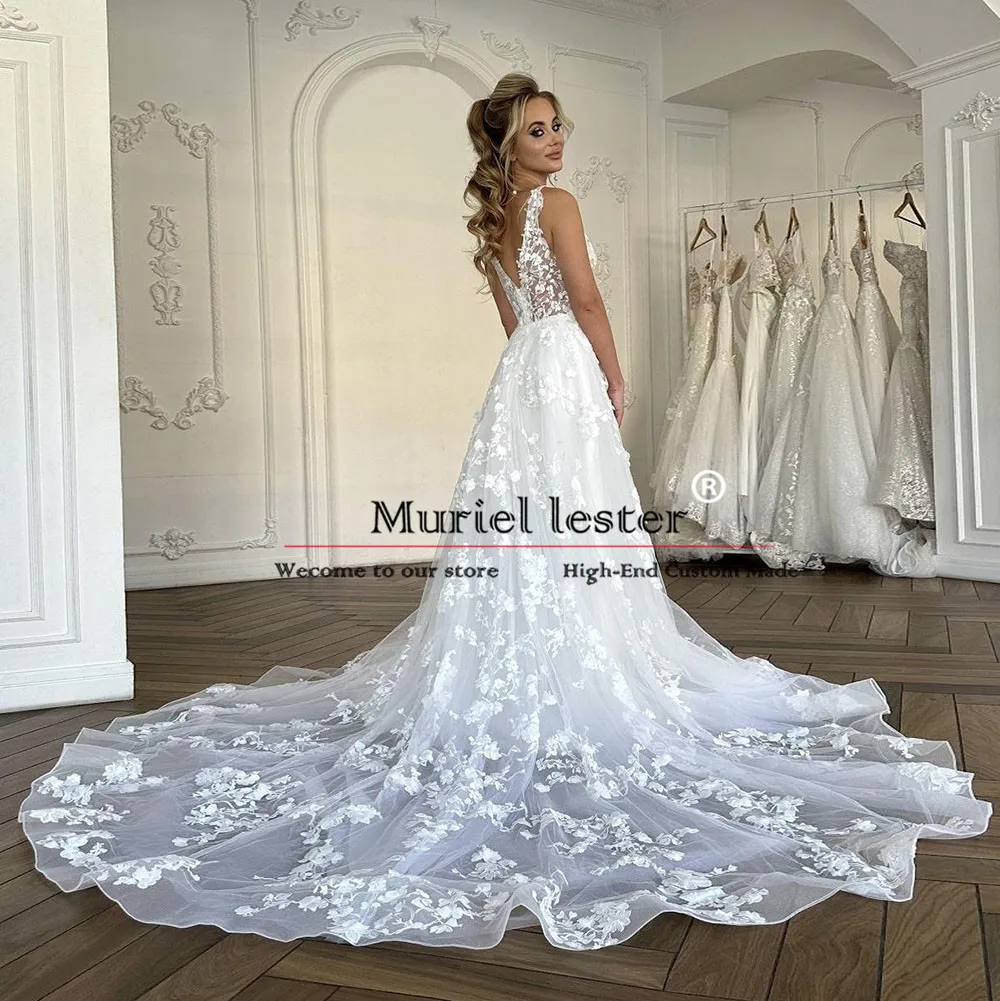 Modern Tulle A Line Wedding Dresses V Neck 3D Floral Appliques Ivory Bridal Gowns Bespoke Bride Marriage Formal Party Clothing