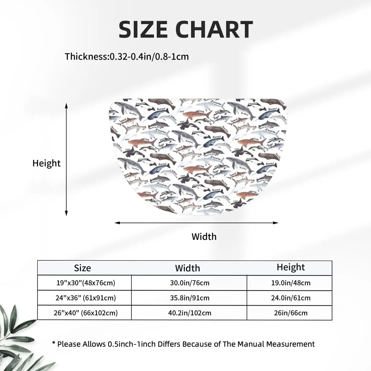 Types Of Whales, Sharks And Dolphins Watercolour Soft Flannel Half Round Doormat Non Slip Bathroom Mat Absorbent Floor Carpet
