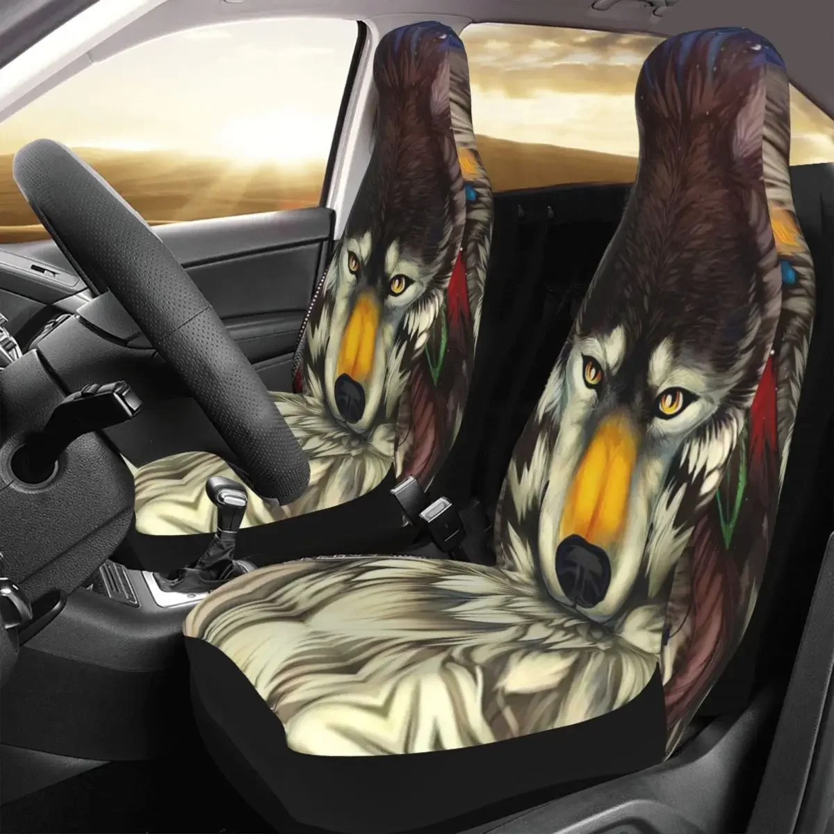 Wolf Car Seat Cover Custom Printing Universal Front Protector Accessories Cushion Set