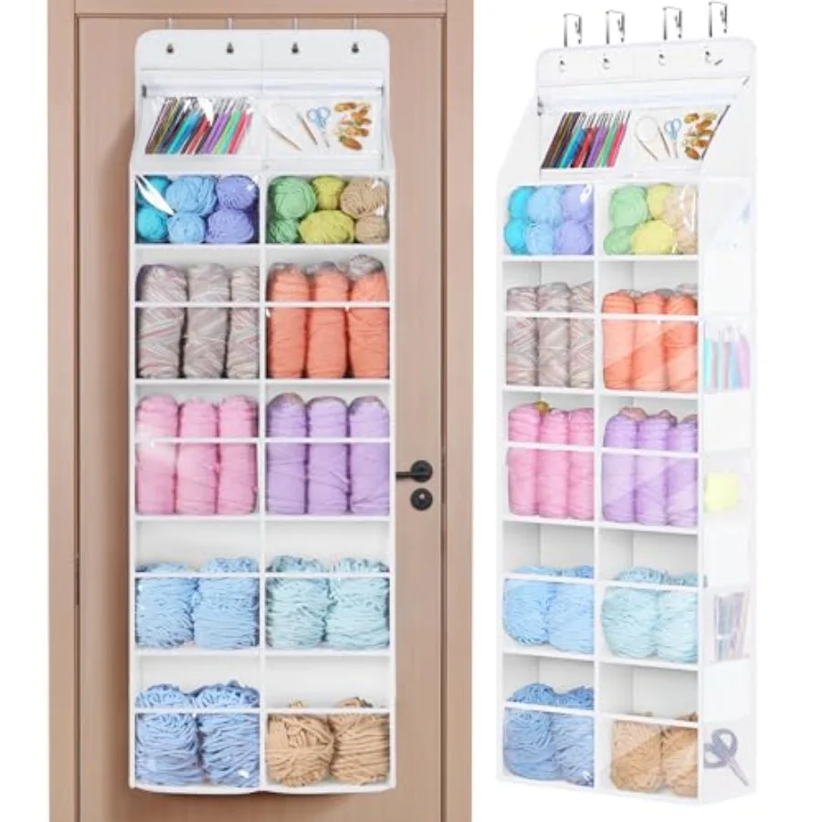 

6 Tiers Hanging Yarn Storage Organizer Large Knitting Organizer with 12 Deep Clear Pockets and 10 Mesh Side Pockets Over The Do