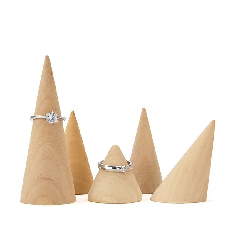 Vintage Natural Unpainted Wood Finger Cone Ring Holder Bague Jewelry Display Stand Organizer Storage Rack Showcase for Exhibit