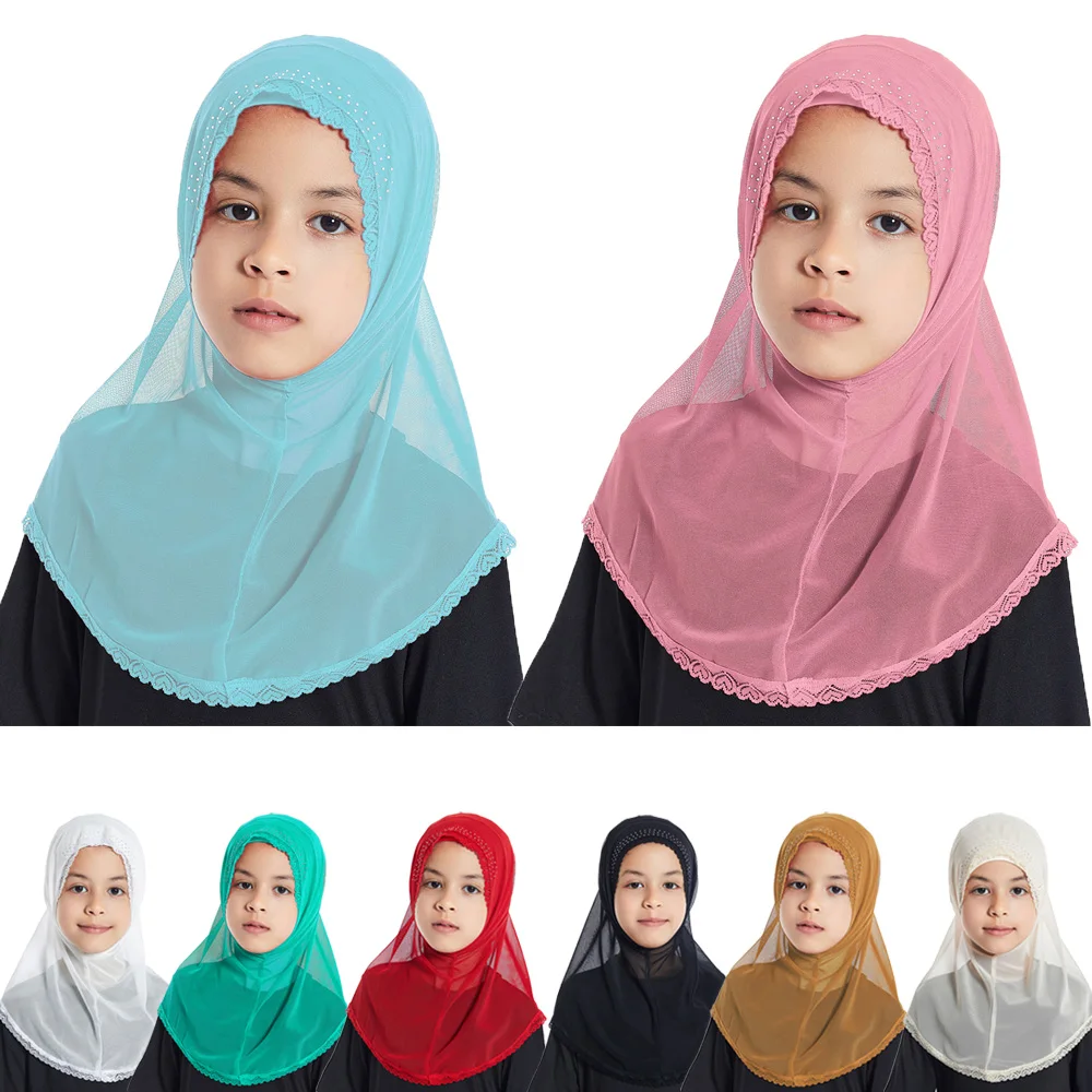 Muslim Kids Girls One Piece Amira Lace Diamonds Scarf Instant Hijab Shawls Wrap Pull On Headscarf 2-6 Year Islamic Child Hat Cap