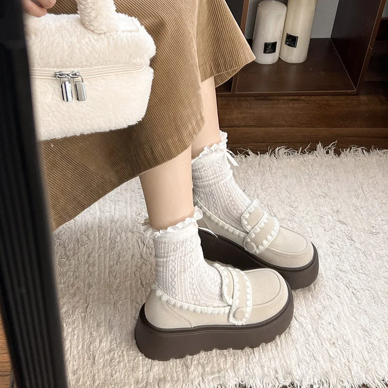 

British Style Height-Increasing Thick-Soled Women's Leather Shoes Winter Versatile Retro Fleece-Lined Slip-On Loafers