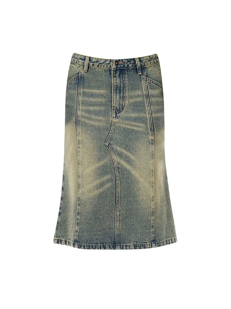 American Style Y2k Vintage Blue Slim Fit Mermaid Skirt Summer Women High Waist Mid Long Jean Skirt 2000s Sexy Coquette New Trend