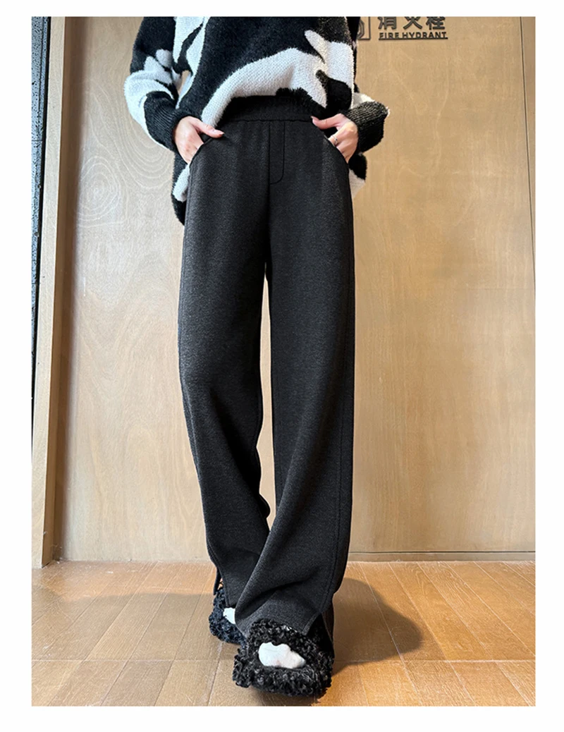 Kunstwollhose mit weitem Bein für Damen, modische elegante Baggy-Hose, Herbst-Winter-Bürohose für Damen, koreanische High-Waist-Straight-Hose, neu – Detail 16