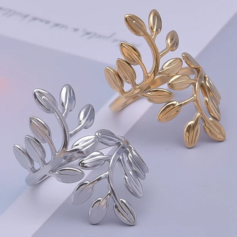 Anelli di foglie di albero di nuova moda per le donne Anelli a forma di rami eleganti in acciaio inossidabile Anelli di barretta regolabili aperti Regali di gioielli