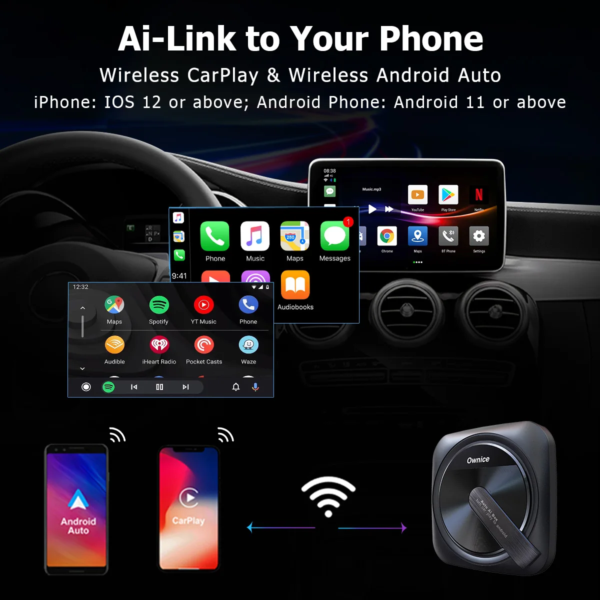 Ownice A0 A1 A5 Wired CarPlay to Android OS Wireless Car Play Auto Ai Streaming TV Box 4G LTE GPS HDMI for Netflix Spotify ipTV