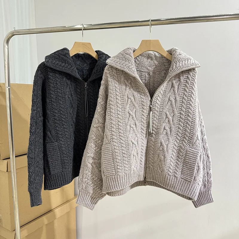 

Autumn Winter B*C Women Wool Cashmere Cardigan Turtleneck Long Sleeve Loose Warm Knitted Sweater