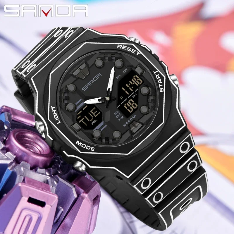 SANDA Modetrend Outdoor-Sport Herren-Quarzuhr Leuchtend Wasserdicht Stoppuhr Countdown Multifunktion Teenager-Uhr