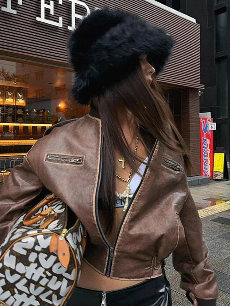 Vintageหนังเสื้อแจ็คเก็ตเครื่องบินทิ้งระเบิดผู้หญิงลําลองกระเป๋าซิปแขนยาวCrop Coat 2024 ฤดูใบไม้ร่วงใหม่Lady High Street Outwears