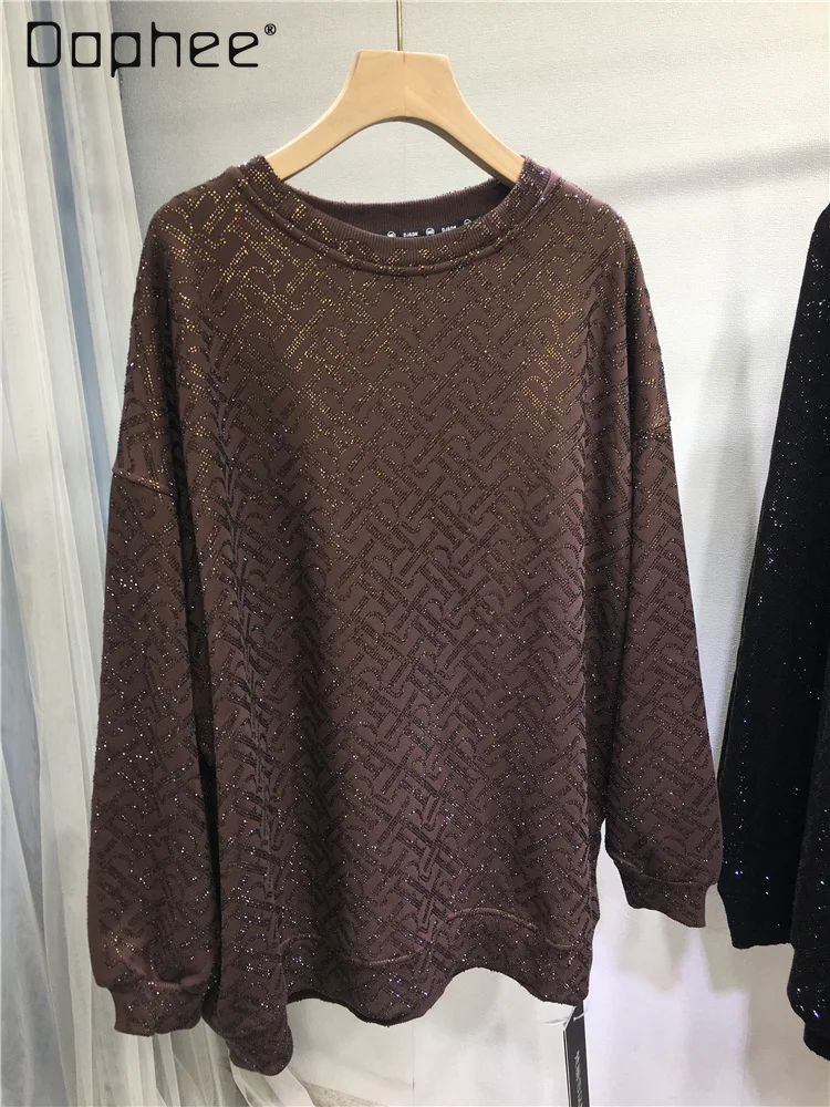 Sweat-shirt polaire à strass pour l'industrie lourde européenne, col rond, lettre ample, mi-long, polyvalent, tendance automne hiver