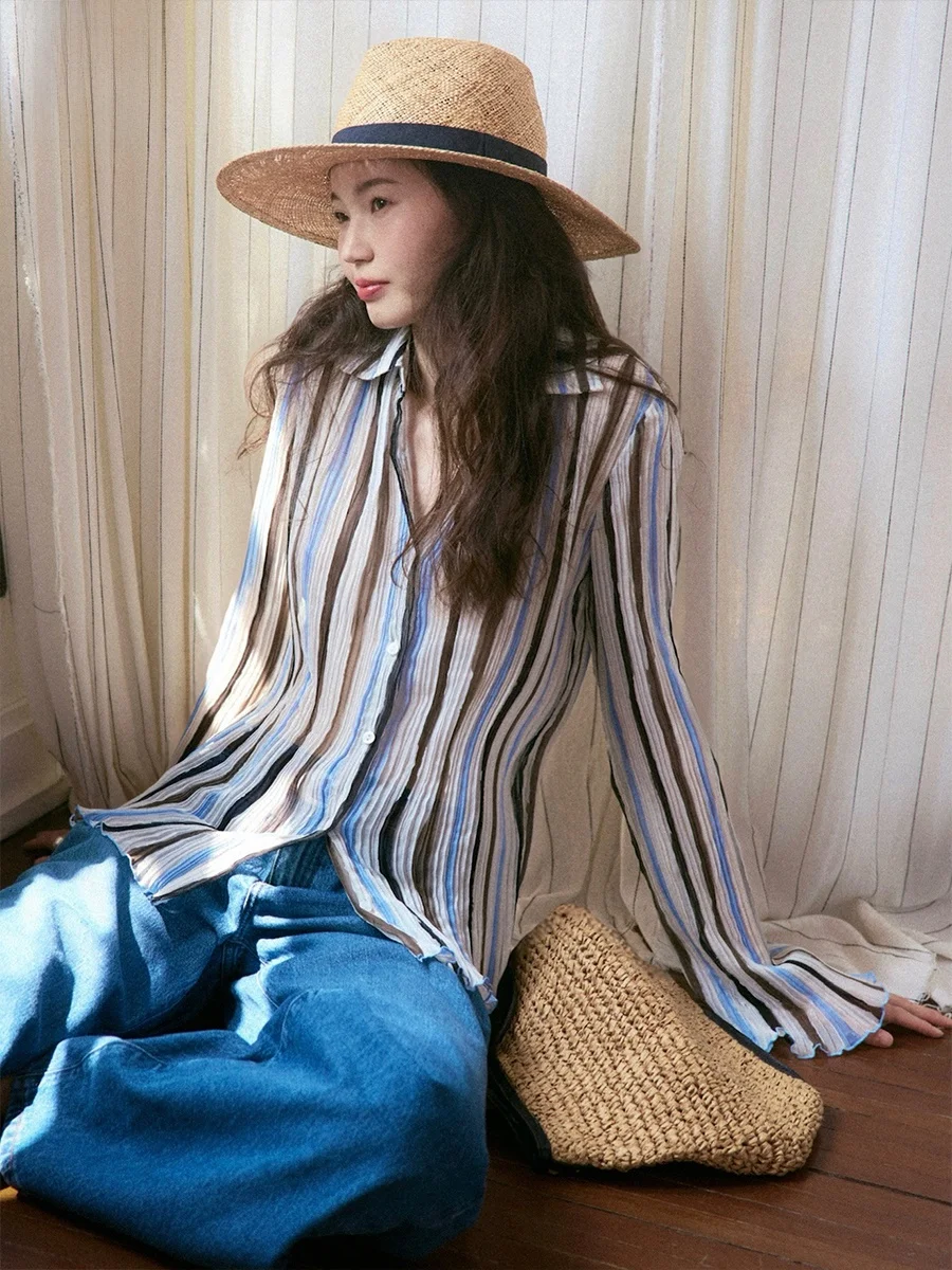 

Even Vintage Faionable Retro Blue Brown Stripe Ele Long Sve Pleated irt Women's Premium Quali Casual Wear