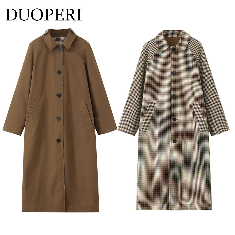 

DUOPERI Women Fashion Single Breasted Back Slit Double Side Trench Coats Lapel Neck Long Sleeves Female Elegant Lady Outfits