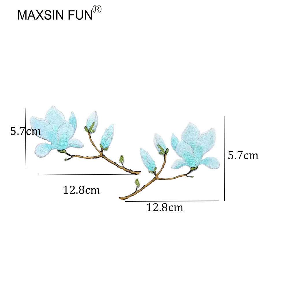 Magnolia Flower Branch Iron-on Embroidery Patches, Sew-on Cartoon Flower Patches for Bag Clothes, DIY Decoration, 1 Pair