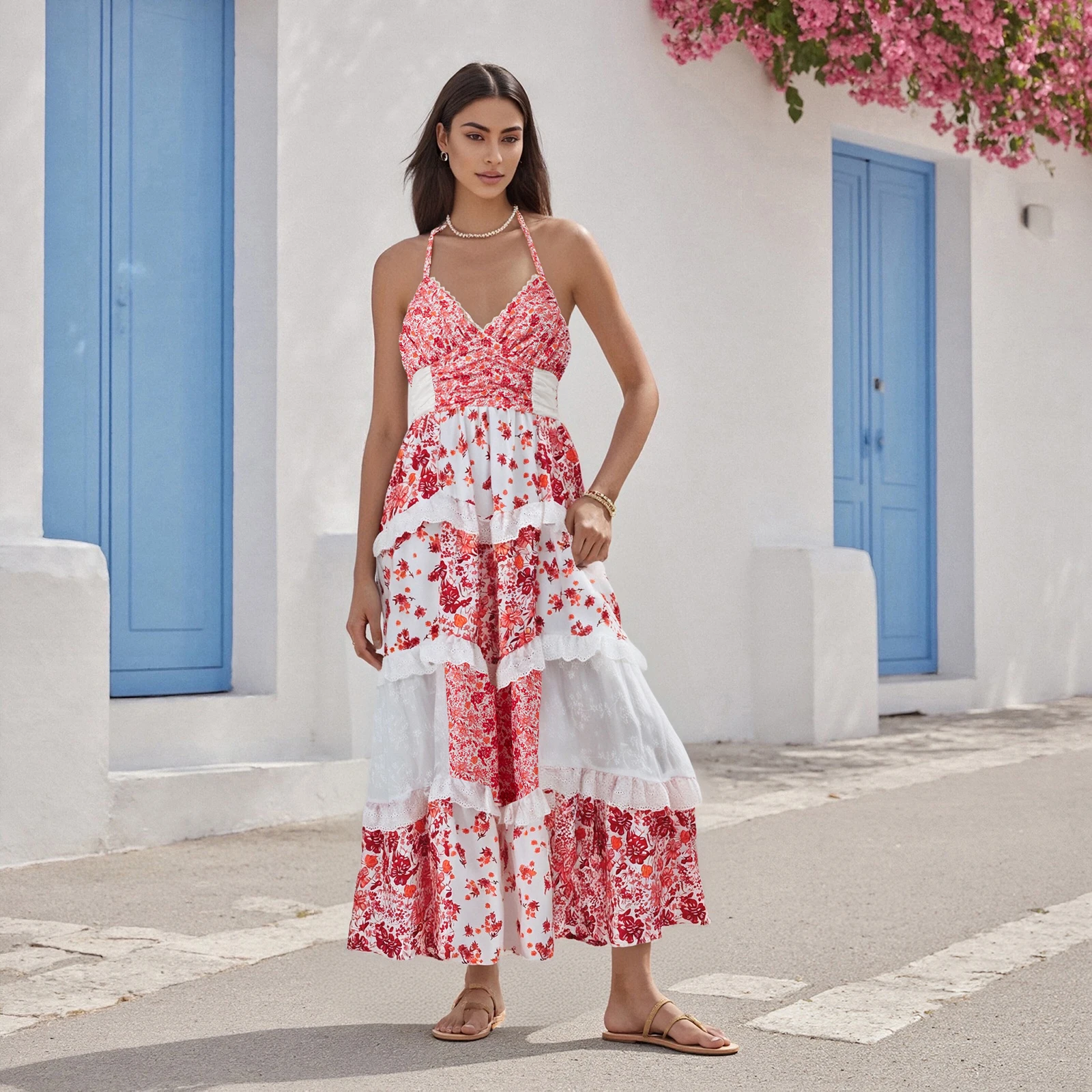 Vestido longo feminino com estampa floral, sem mangas, alça espaguete, vestido plissado em camadas, vestido de férias