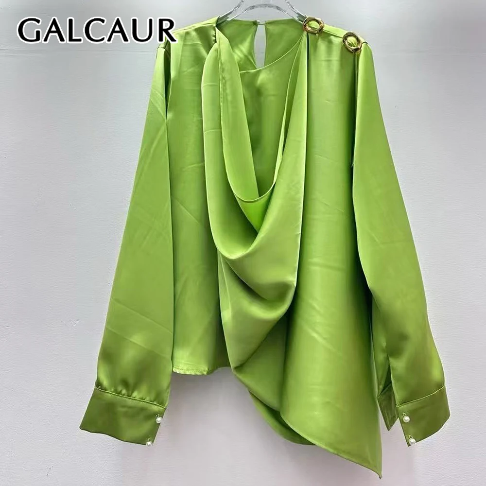 

GALCAUR Solid Spliced Metal Ring Shirt Female Swinging Collar Long Sleeve Loose Irregular Design Women's Shirts Summer New Style