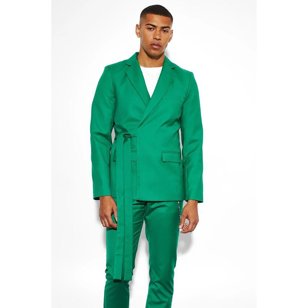 

Bright Green Strap Design Men Suit Two Pieces Handsome Hot Sell Male Set Daily Business Jacket &Black Pants