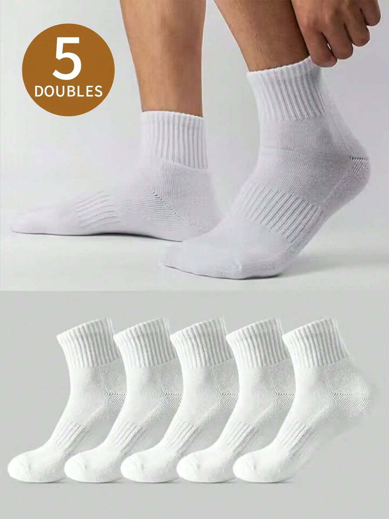 5pairs Men\'s White Mid-Calf Length Anti-Odor Sports Socks For Summer