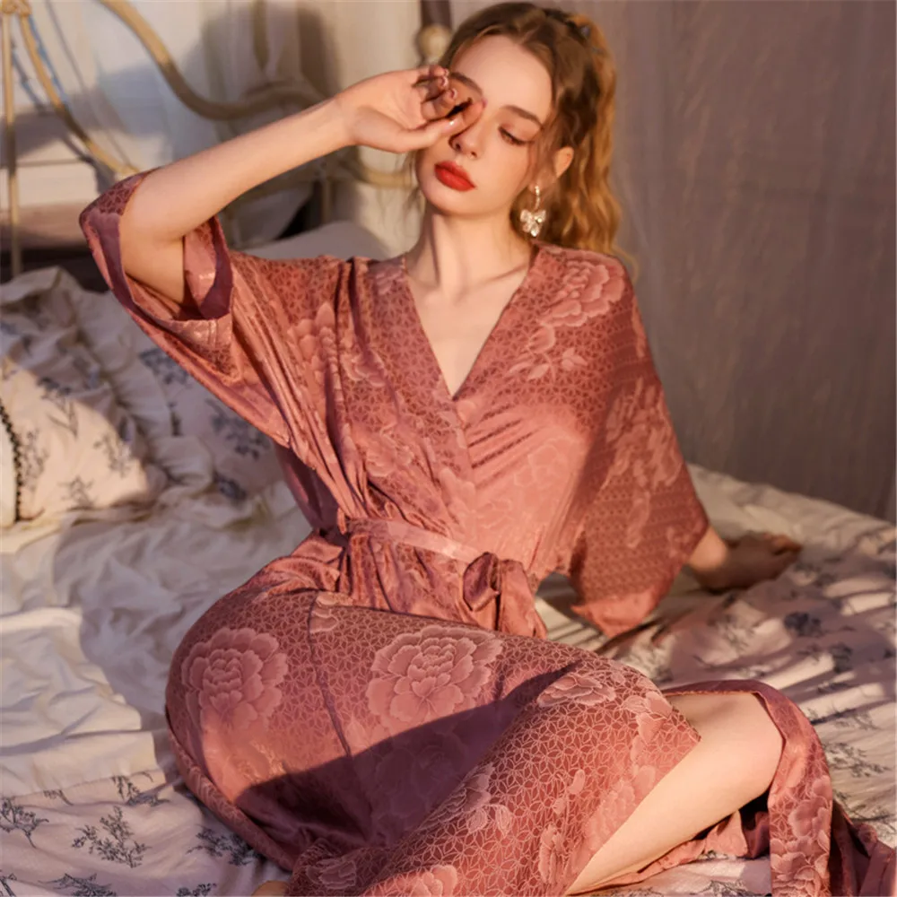 Spring Summer Female Jacquard Robe Home Dress Fashion Sexy Kimono Bathrobe Negligee Rayon Women's Sleepwear Lounge Wear