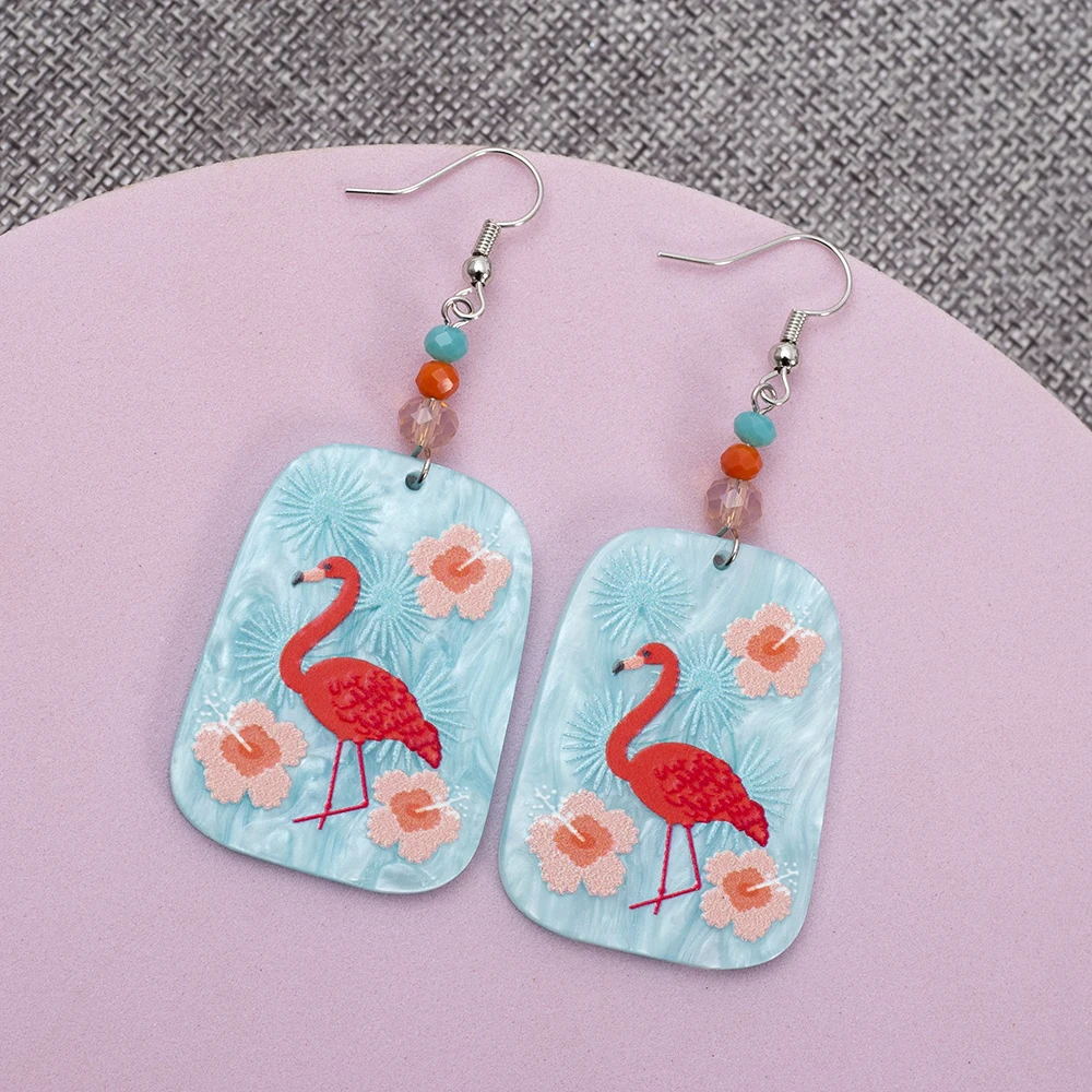 Fashion Hot Selling Blue Acrylic Relievo Printing Flamingo Women's Earrings Trend 2024 Elegant Cartoon Cute Things For Girls