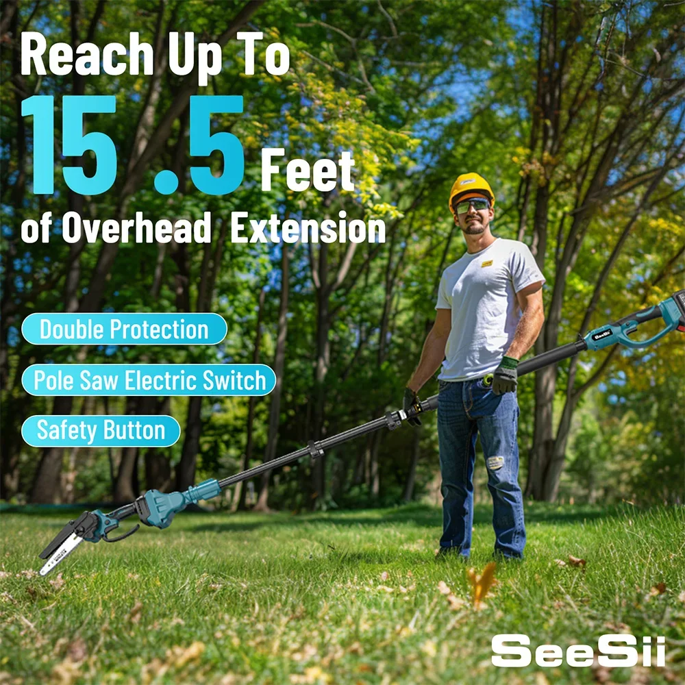 SEESII 6\'\' Brushless Electric Chainsaw High Branch Saw 2.8m Extension Pole Rod Garden Power Tools For Makita 18v battery