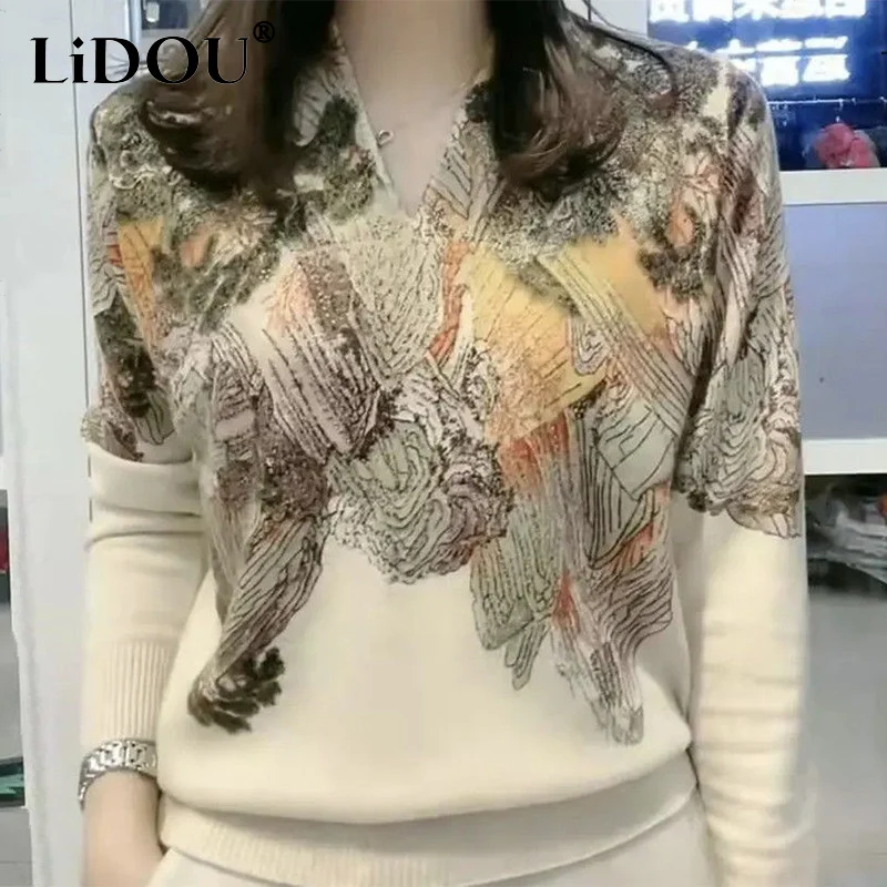 Autumn Winter Landscape Printing Diamonds Elegant Fashion Sweater Ladies 6XL Loose Casual All-match Pullover Top Knitting Jumper