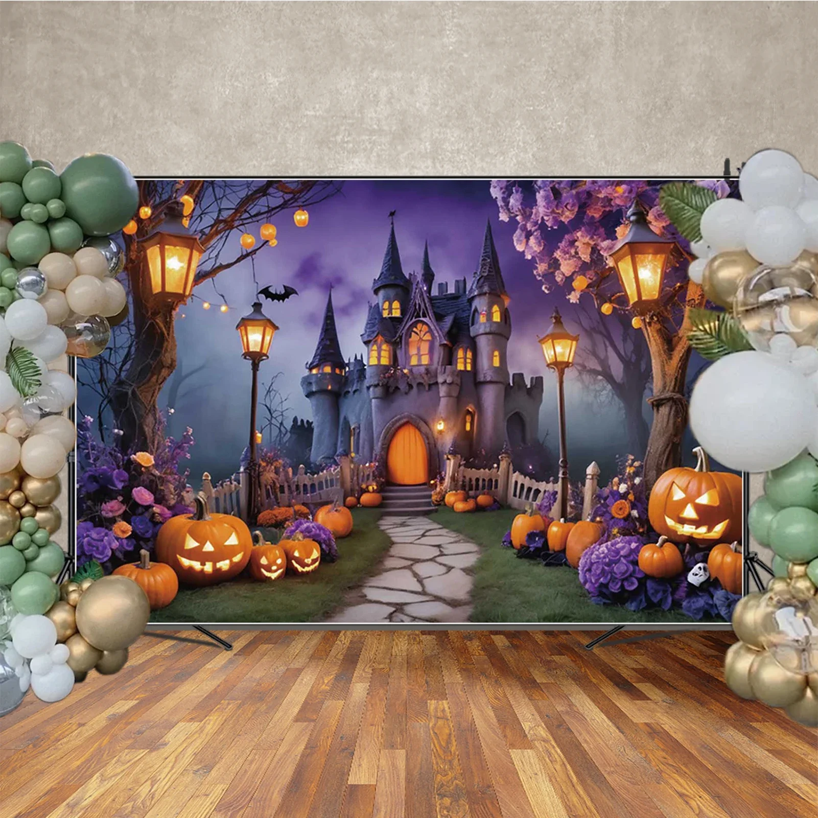 MOON.QG 할로윈 성 보라색 꽃 사진을위한 배경 호박 배경 Photozone 촬영 액세서리 사진 스튜디오
