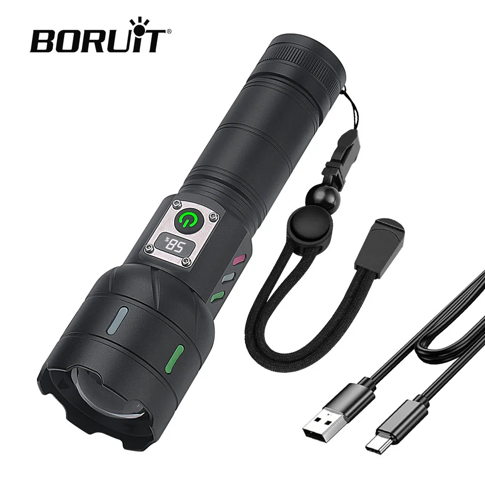 

BORUiT A15 Мощный светодиодный фонарик 1200LM 26650 Light Type-C Перезаряжаемый зум-фонарик с цифровым дисплеем для кемпинга на открытом воздухе