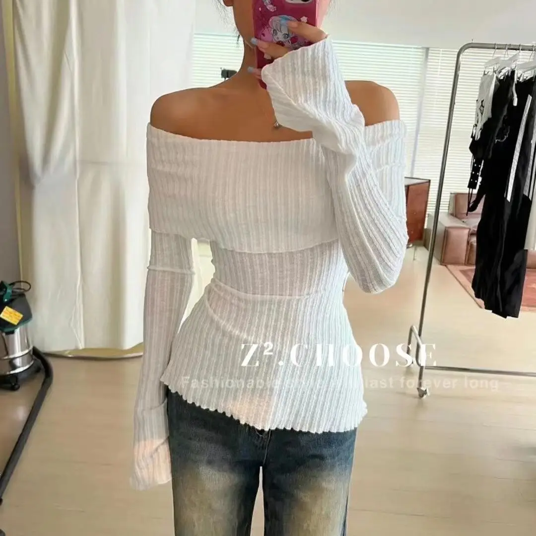 American High Street Pullover One Shoulder Gentle Women\'s Outfit Knitted Off Shoulder Waist Cinching Slim Fit Koszula z długim rękawem