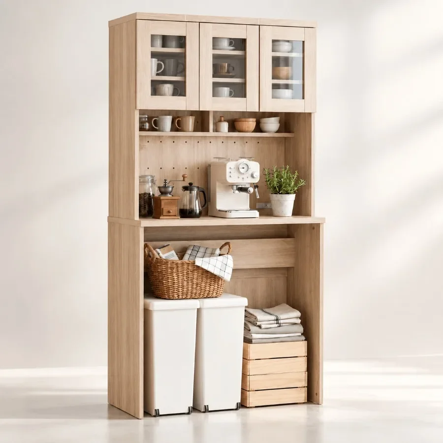 71 Kitchen Pantry Cabinet for home use, engineered wood, white, includes built-in charging station and dedicated trash can spac