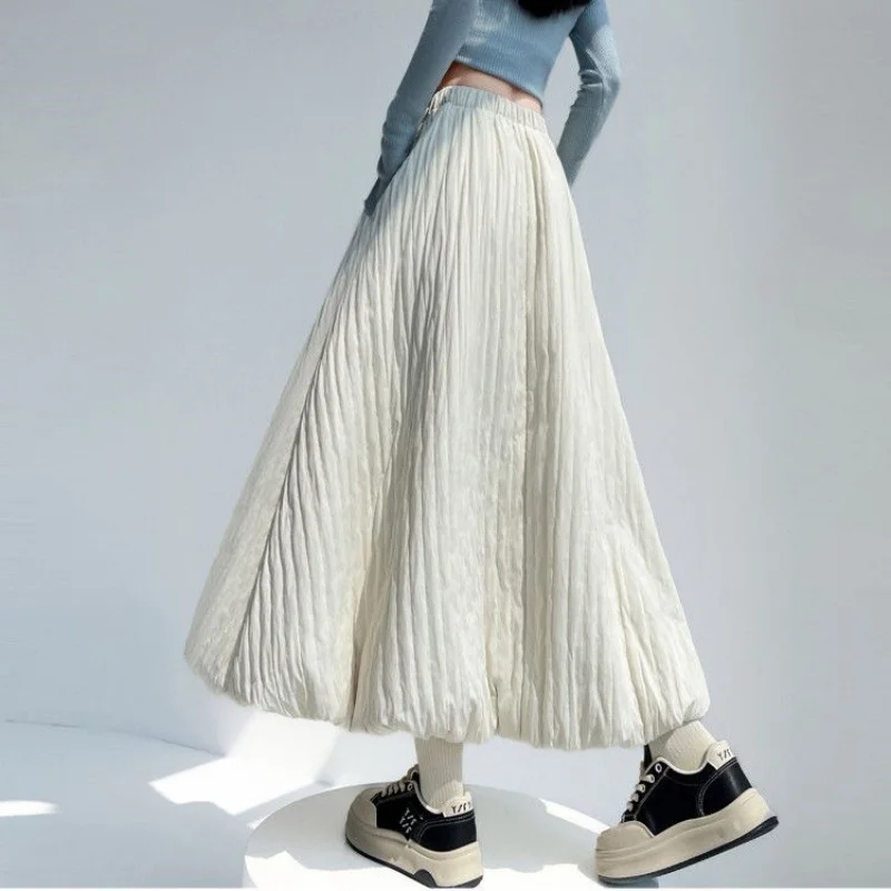 Thick Textured Pleated Cotton Skirt, Women's Retro Bud Long Skirt,High Waist, Medium Length Oversized Elegant Skirt w1463