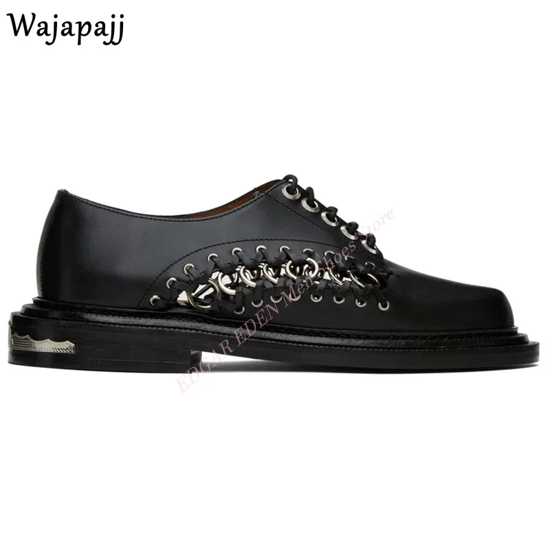 Chain Spliced Lace Up Men's Leather Shoes Slip On Round Toe Metal Decoration Heel Fashion Man's Spring Autumn Black Shoes