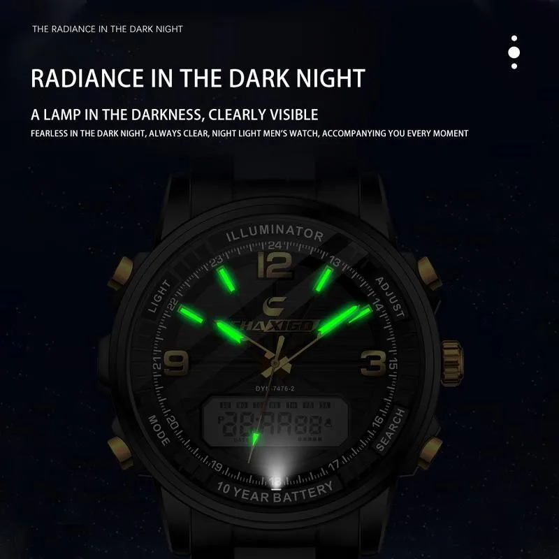 ساعة CHAXIGO للرجال بشاشة عرض مزدوجة بحزام من الفولاذ المقاوم للصدأ 43 ملم تناظرية ورقمية، مقاومة للماء حتى 30 مترًا، مضيئة، متعددة الوظائف