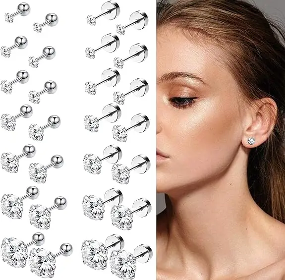 FASACCO Stainless Steel Earrings Stud for Girls CZ Round Screwback Flatback Barbell Cartilage Tragus Helix Earrings Classical