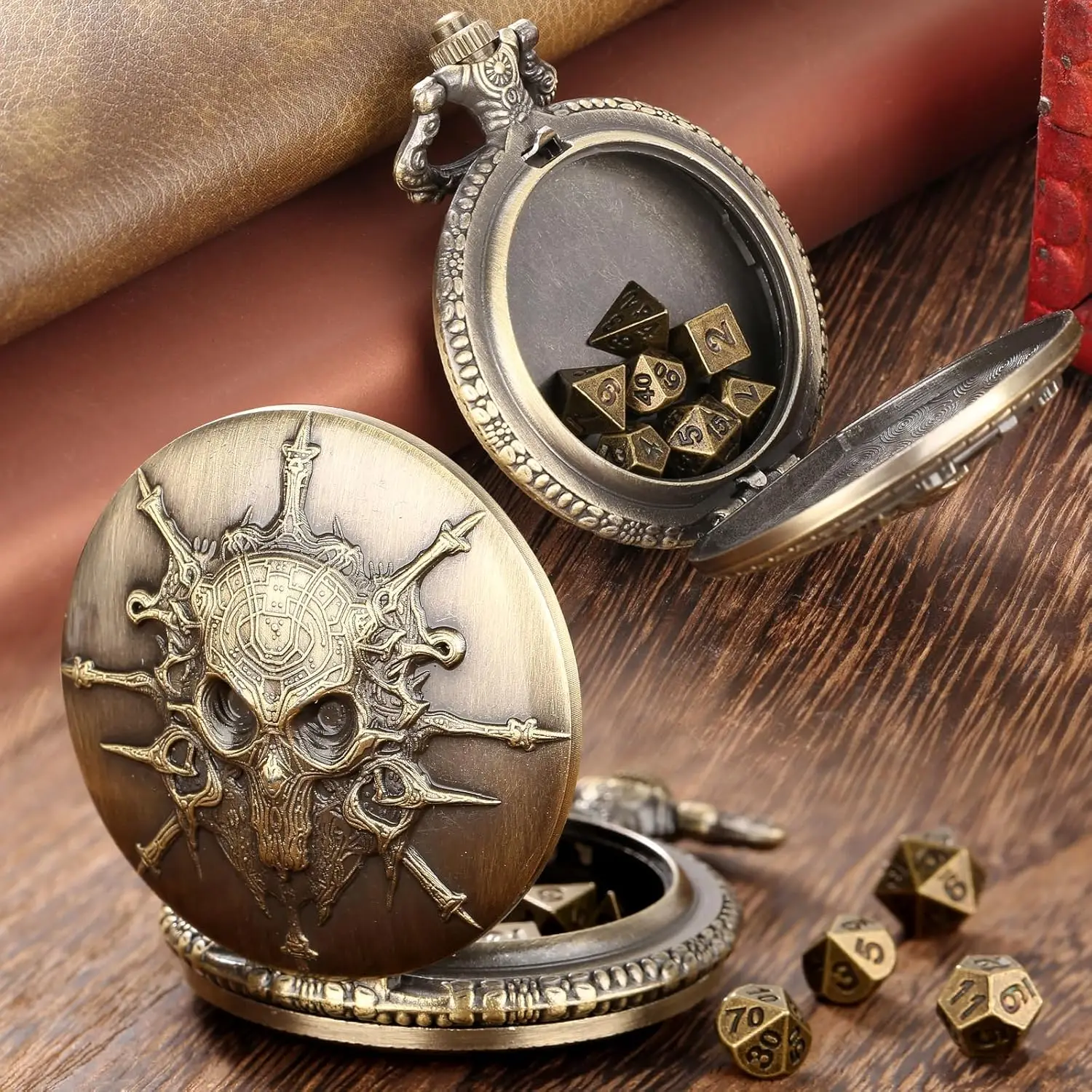 Mini DND Dice Set Steampunk Warlock Pocket Watch Shell Case 7pcs Polyhedral Metal D&D Dice Set for Dungeons and Dragons dice box