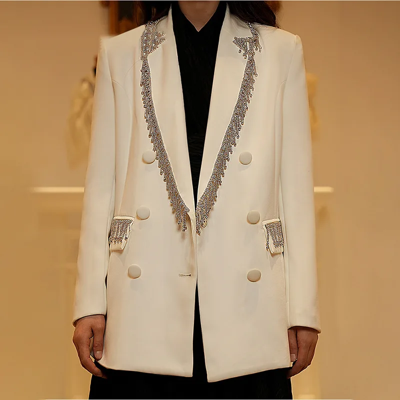 Crystal Beading Women Suit 1 Pcs Luxury Jacket Designer Autumn High Quality Formal Office Lady Long Blazer Coat Prom Dress