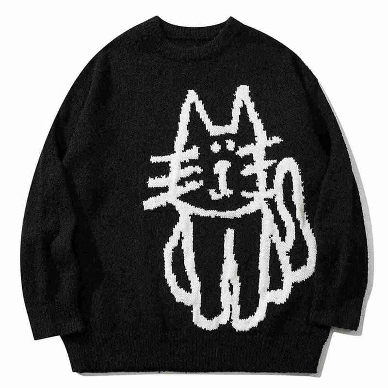 

Cat Graphic Sweaters Men Vintage Oversized Y2K Sweaters Knitted Jumpers Streetwear Harajuku Hip Hop Sweaters Knitwear