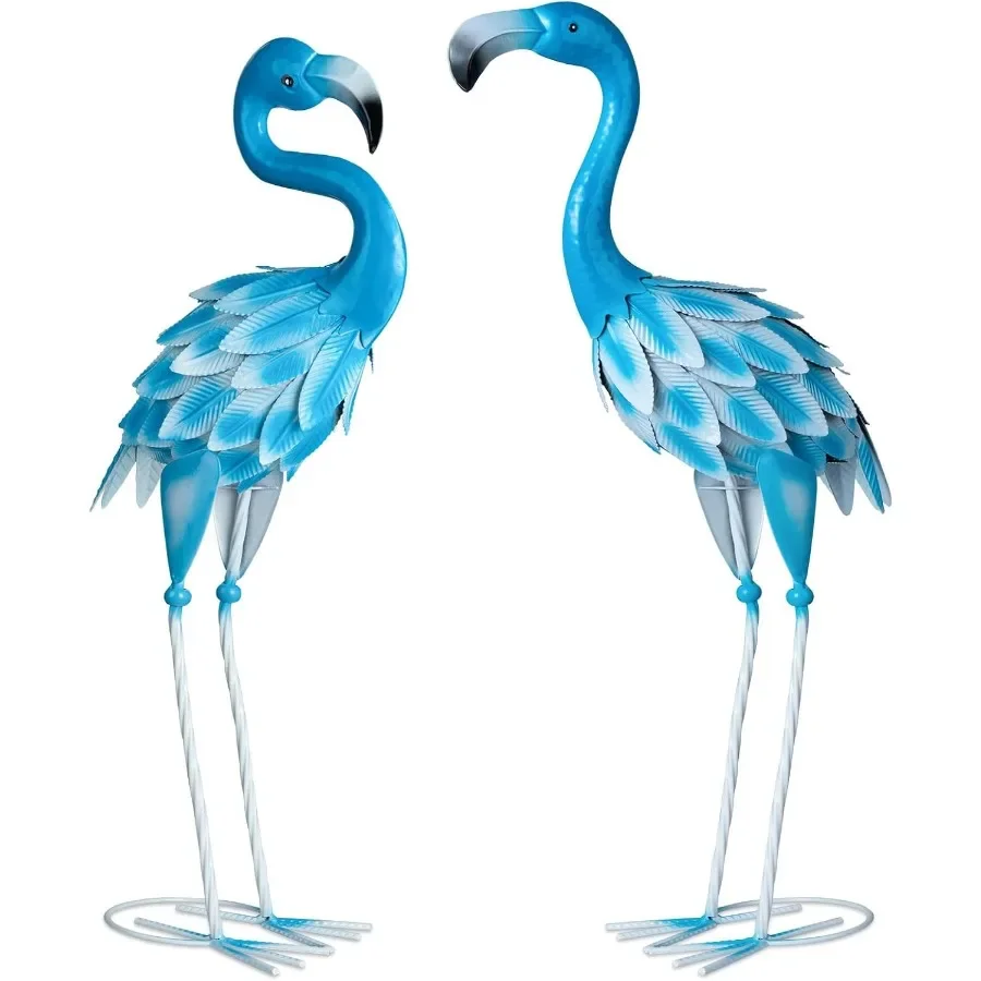 2Pcs Metal Flamingo Statues Blue Flamingo Yard Art Sculptures for Garden Home Patio Lawn Backyard Decorations