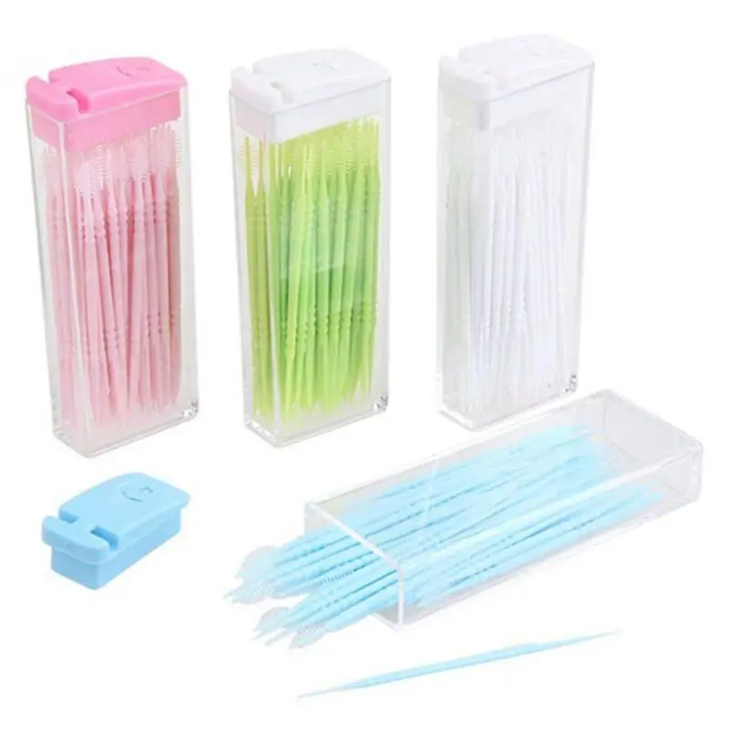 50 Stuks Plastic Tandenstokers 2-weg Tand Picks Interdental Borstelreinigers Draagbare Doos Willekeurige Kleur