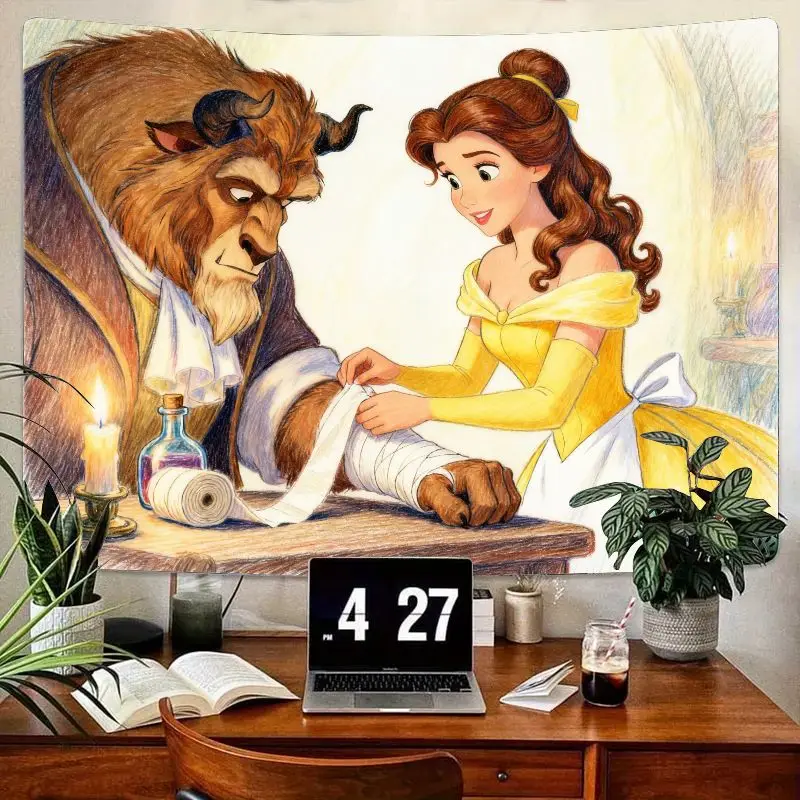 

1PC Disney Princess Belle & Beast Tapestry, Fairytale Caring Scene Wall Art, Aesthetic Room Decor Gift for Disney Fans