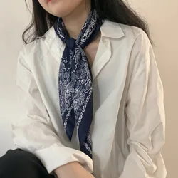 Vintage Blue Silk Square Scarf Women Satin Shawl Wrap Hijab Female Hair Band Wrist Luxury Headkerchief 70*70cm Echarpe Bandana