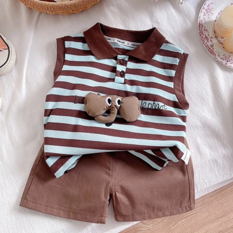 Children Summer Sets Boy Sleeveless Vest Stripe Elephant +Shorts 2Pcs Suit Toddler Fashion Cotton Outfits Kids Costume Clothing