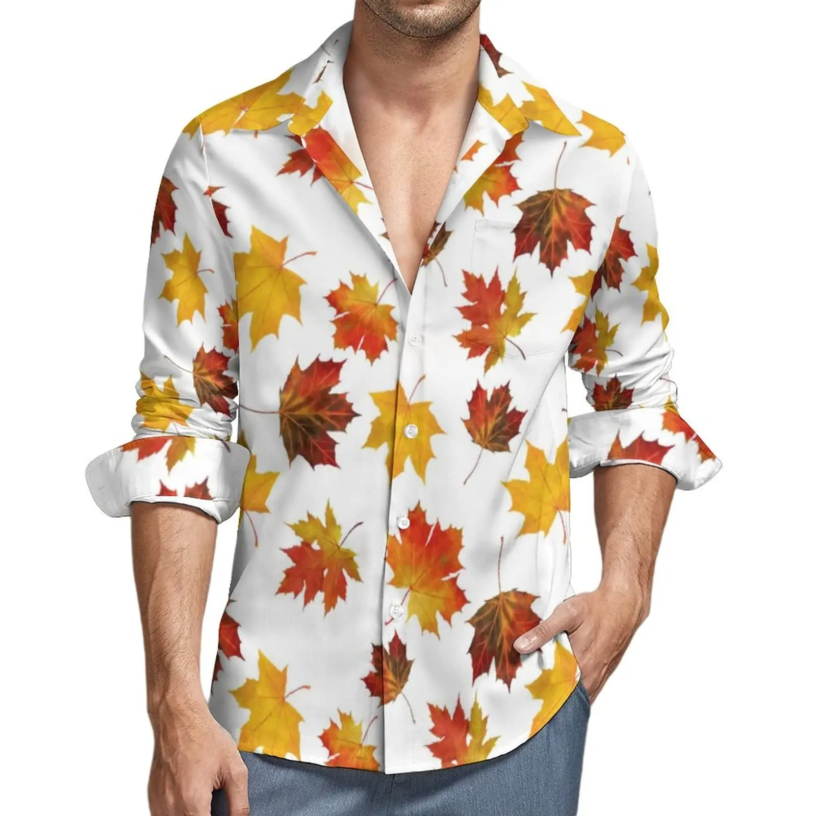 Men's shirt red maple leaf autumn long sleeve lapel shirt top shirt casual shirt Hawaiian shirt casual breathable simple fashion